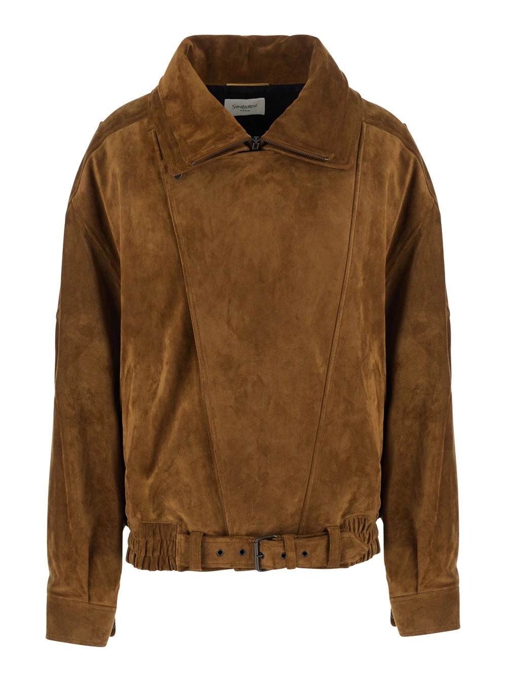 Saint Laurent Giubbotto con colletto classico e cintura con fibbia in pelle scamosciata marrone donna