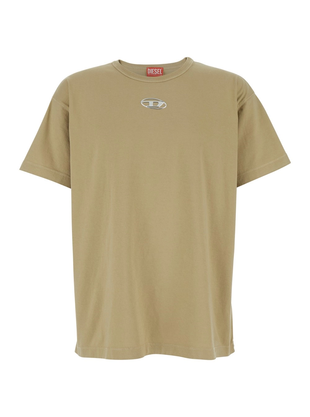 Diesel T-Shirt Girocollo con Logo sul Fronte in Cotone Beige Uomo