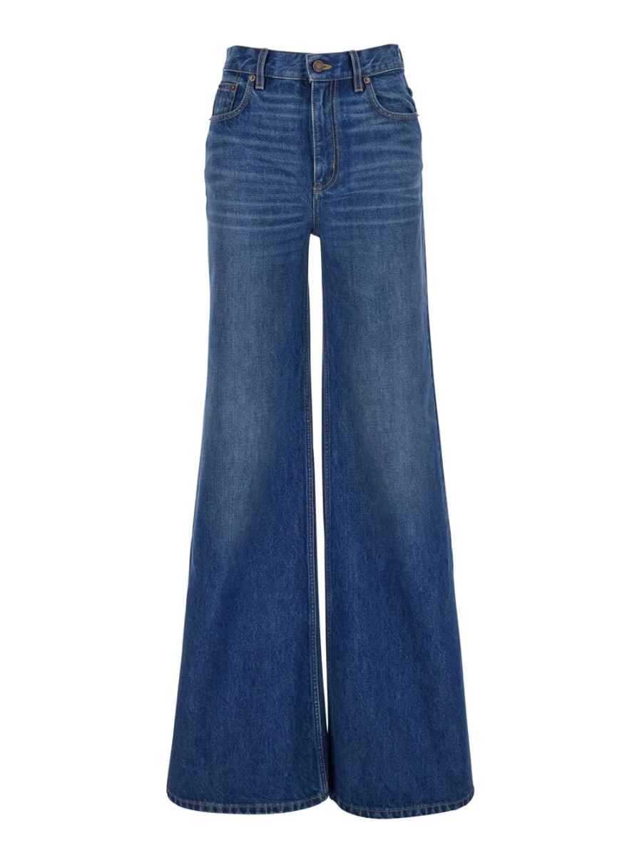 Chloé Jeans a Vita Alta con Gamba Ampia e Patch Logo sul Retro in Denim Blu Donna