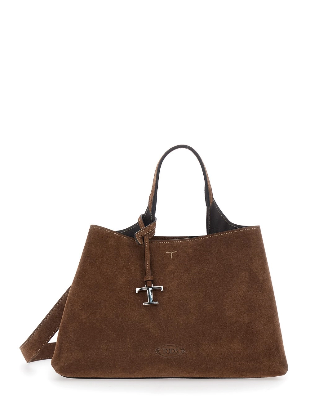Tod's Borsa a Mano con Tracolla Regolabile e Removibile e Placca T sul Fronte in Pelle Scamosciata Marrone Donna