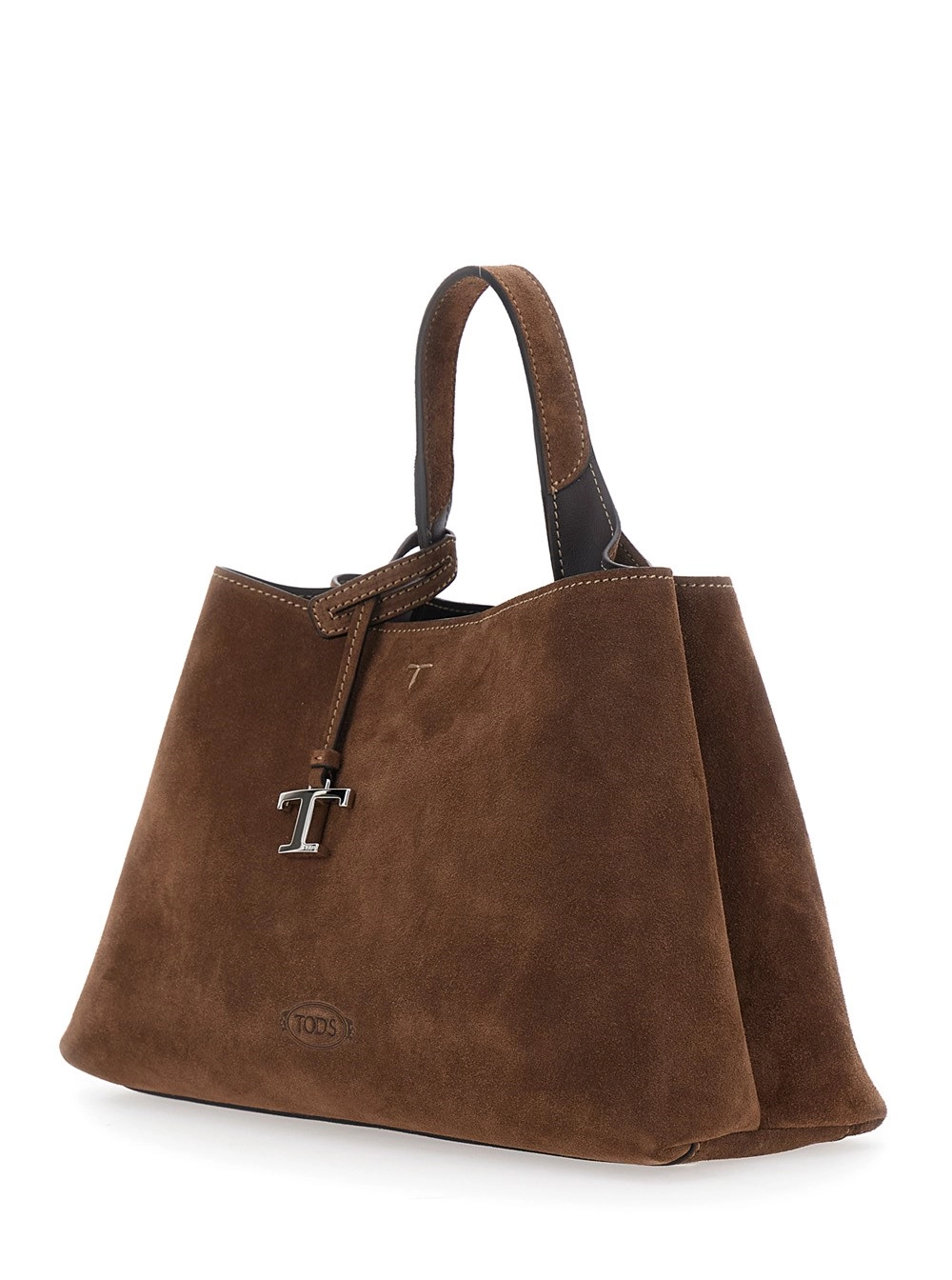 Tod's Borsa a Mano con Tracolla Regolabile e Removibile e Placca T sul Fronte in Pelle Scamosciata Marrone Donna, view 2
