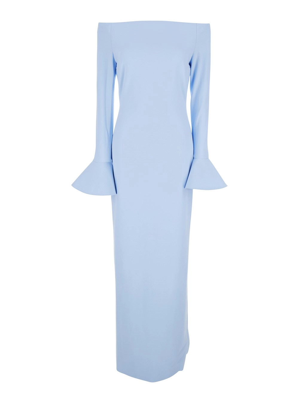Solace london Abito Lungo 'Anica' con Maniche a Campana e Design a Spalle Scoperte in Tessuto Tecnico Stretch Azzurro Donna