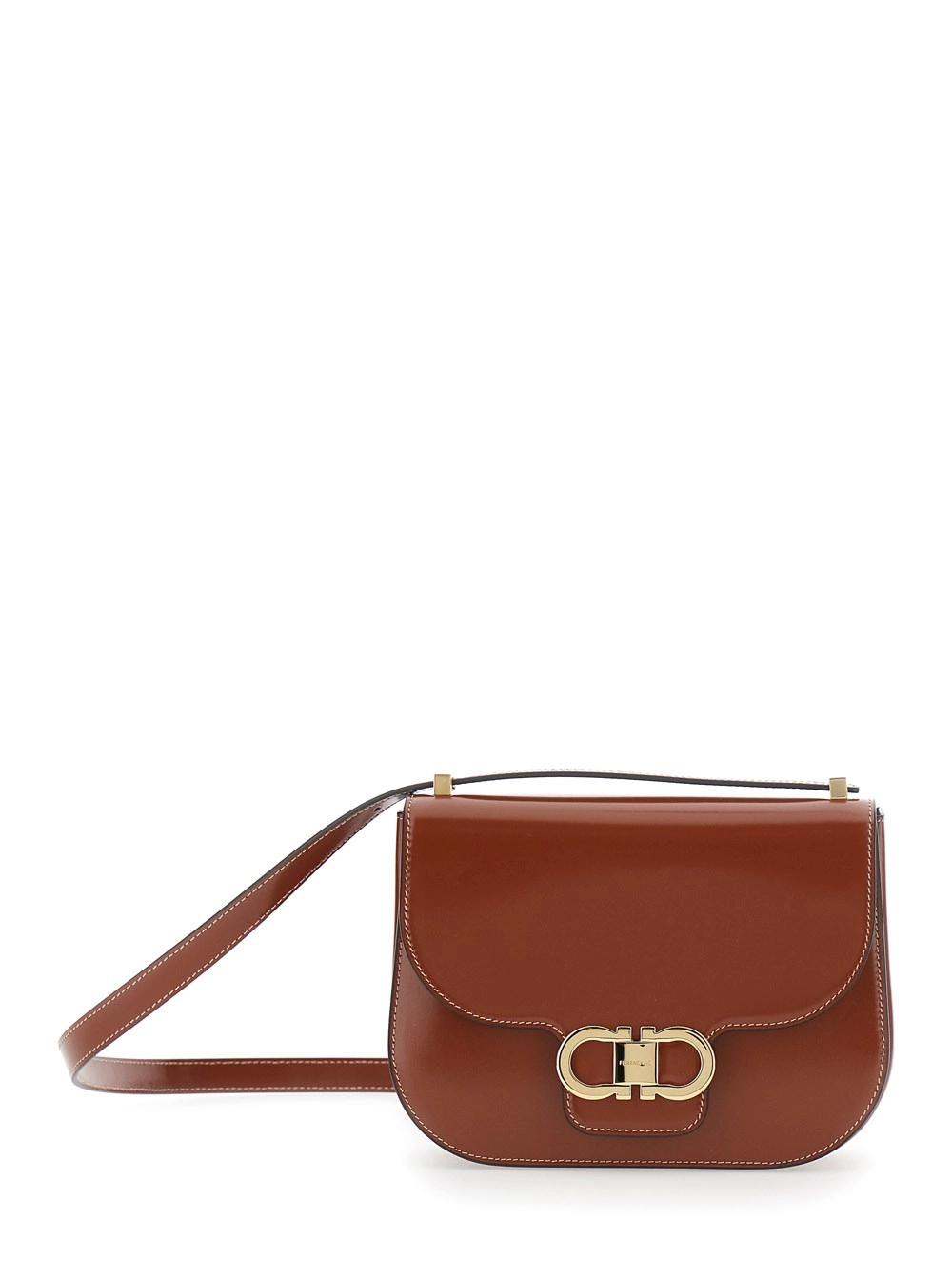 Ferragamo Borsa a tracolla con tracolla regolabile e placca Gancini sul fronte in pelle marrone donna