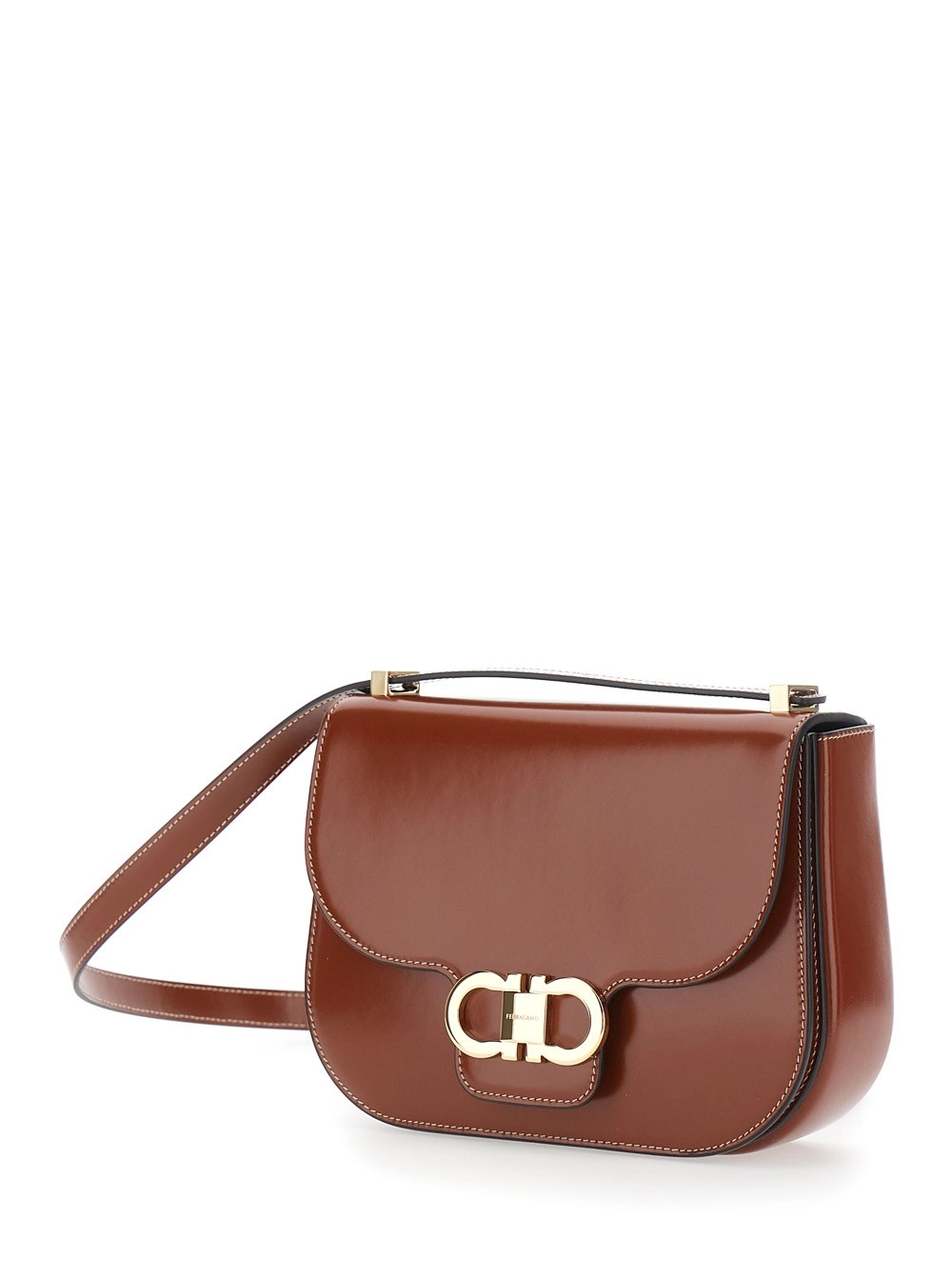 Ferragamo Borsa a tracolla con tracolla regolabile e placca Gancini sul fronte in pelle marrone donna, view 2