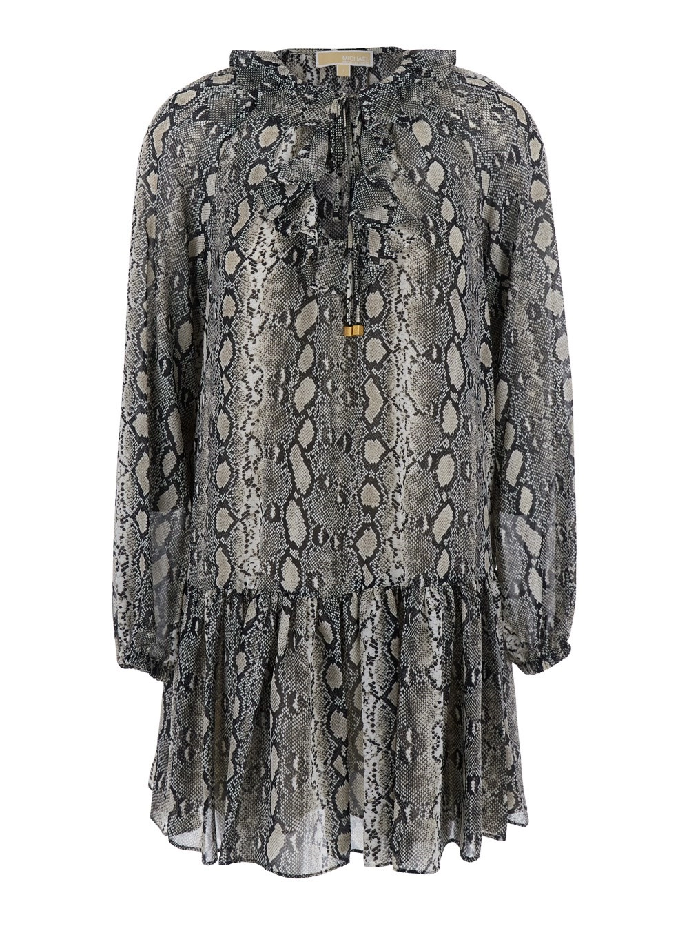 Michael michael kors Abito Mini Girocollo con Maniche a Palloncino e Stampa Effetto Serpente All-Over in Tessuto Tecnico Grigio Donna