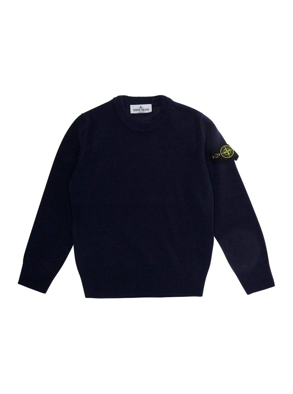 Stone island kids Maglione girocollo con patch logo sulla manica in lana blu bambino