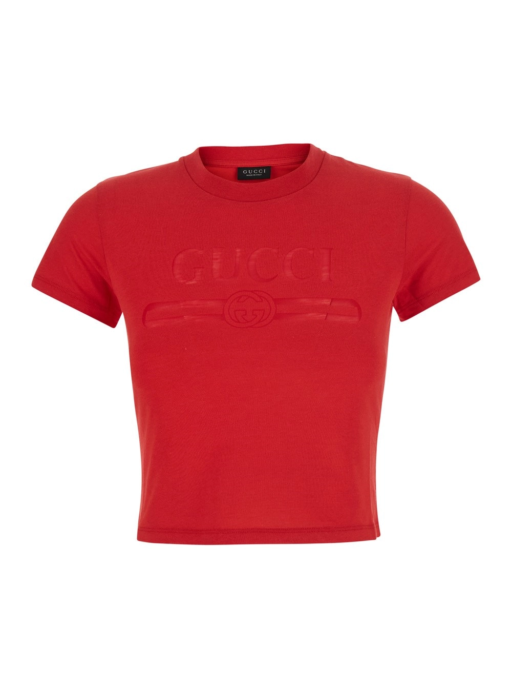 Gucci T-shirt crop con logo tono su tono sul fronte e spalle scese in cotone rossa donna
