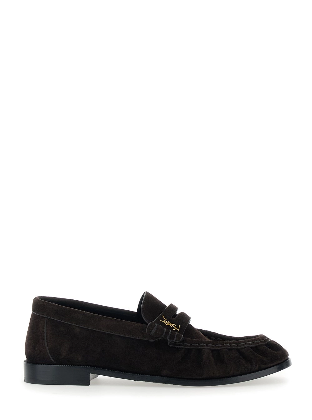 Saint Laurent Mocassini 'Le Loafer' con Punta Moc Cucita a Mano e Placca Cassandre in Pelle Scamosciata Marroni Donna