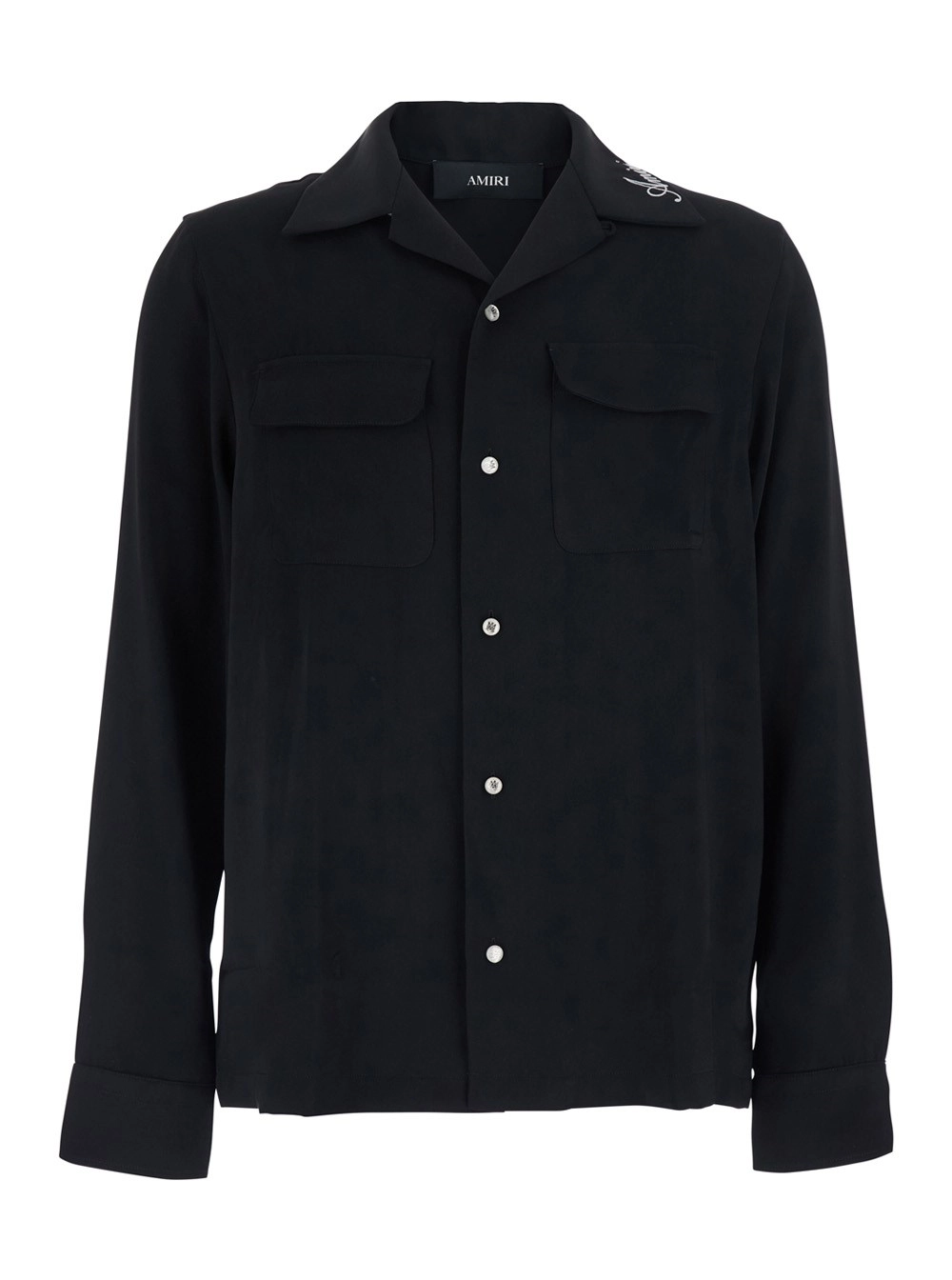 Amiri Camicia con colletto a revers con ricamo logo lettering in tessuto tecnico nera uomo
