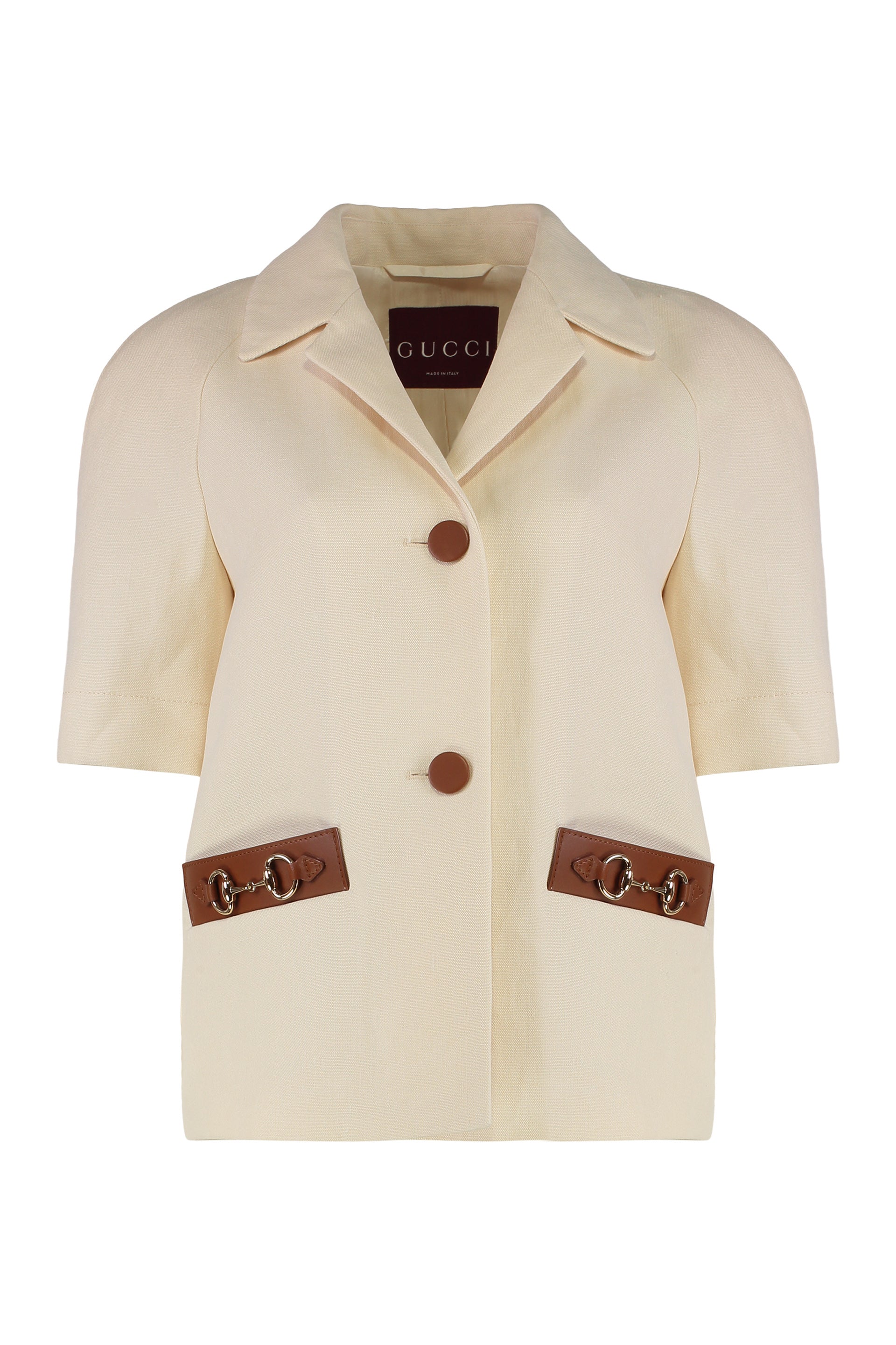 Gucci Giacca in tela di lino con dettagli in pelle