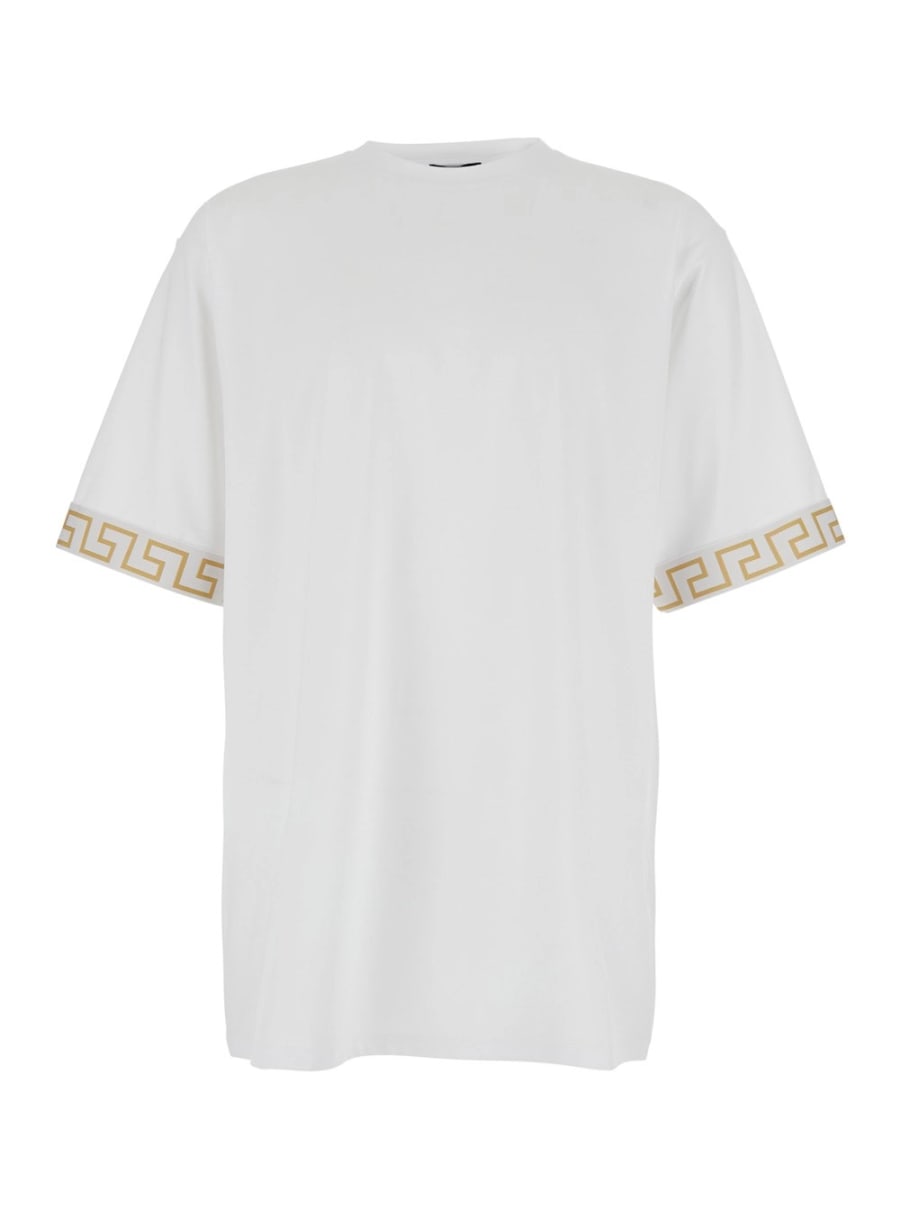 Versace T-Shirt Girocollo con Motivo Greca sulle Maniche in Tessuto Tecnico Bianca Uomo