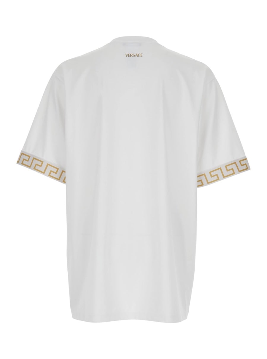Versace T-Shirt Girocollo con Motivo Greca sulle Maniche in Tessuto Tecnico Bianca Uomo, view 2