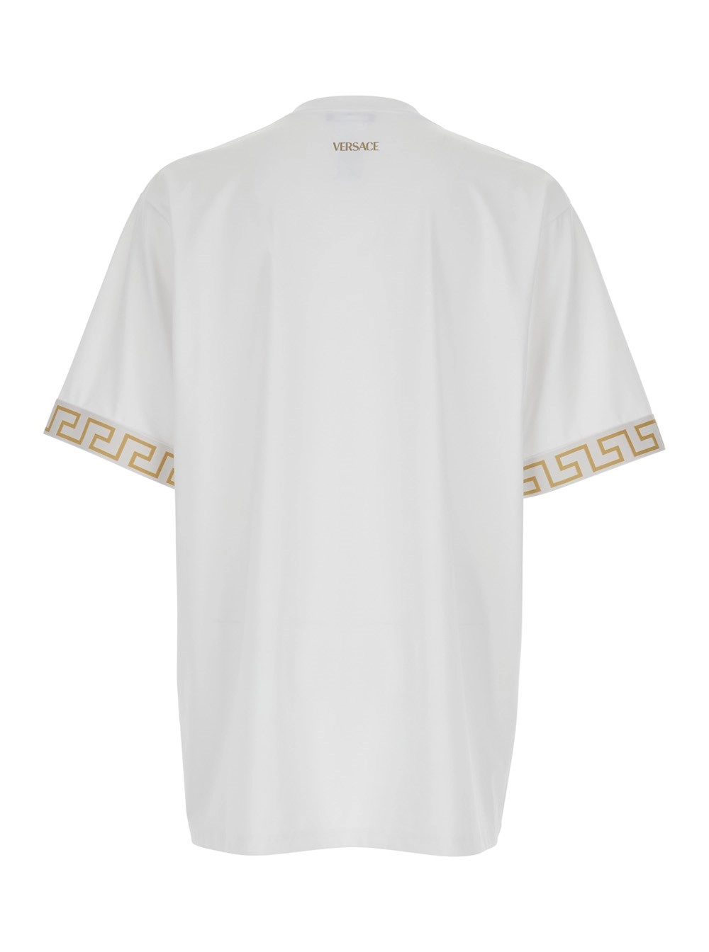 Versace T-Shirt Girocollo con Motivo Greca sulle Maniche in Tessuto Tecnico Bianca Uomo, view 2