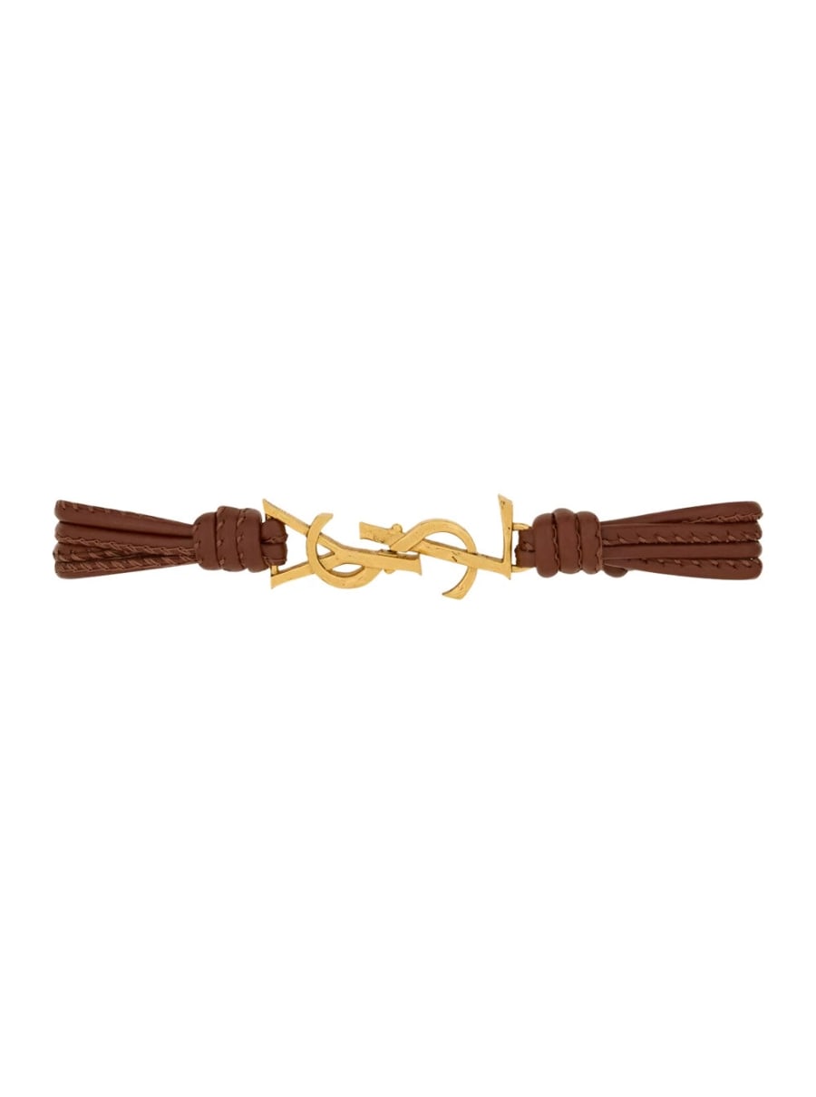 Saint Laurent Bracciale con la Cassandre al centro e Chiusura a Moschettone in Pelle Nappa e Metallo Oro Donna