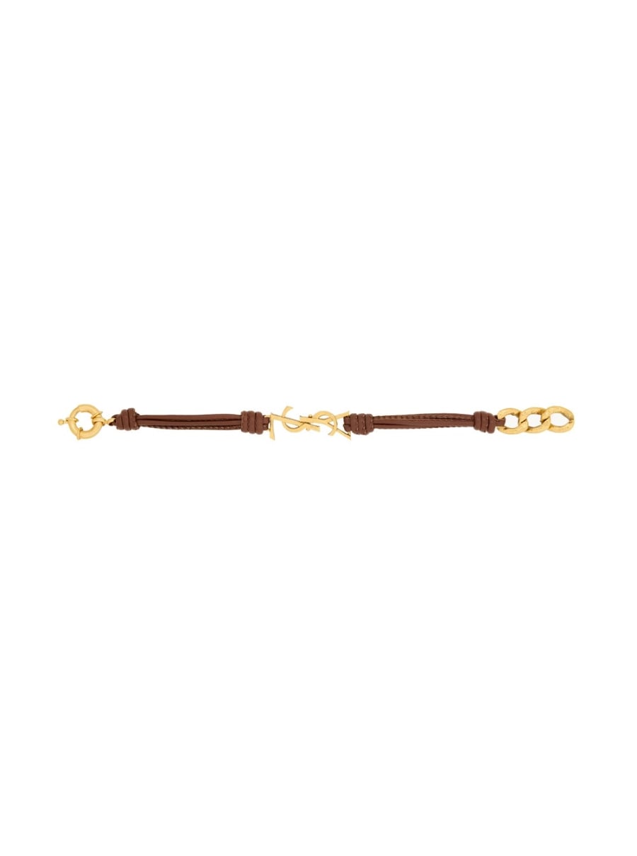 Saint Laurent Bracciale con la Cassandre al centro e Chiusura a Moschettone in Pelle Nappa e Metallo Oro Donna, view 2