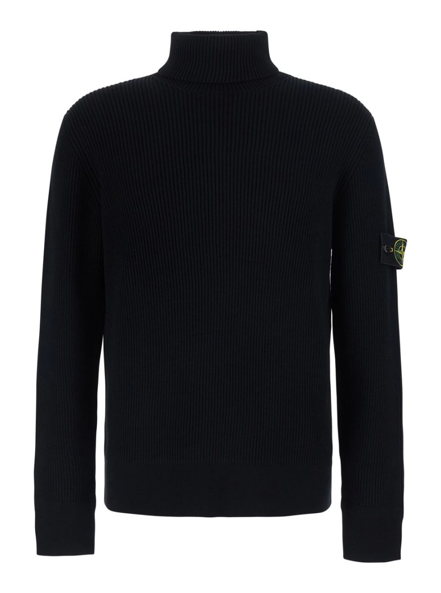 Stone Island Maglione con collo alto e patch logo sulla mancia in lana Nero Uomo