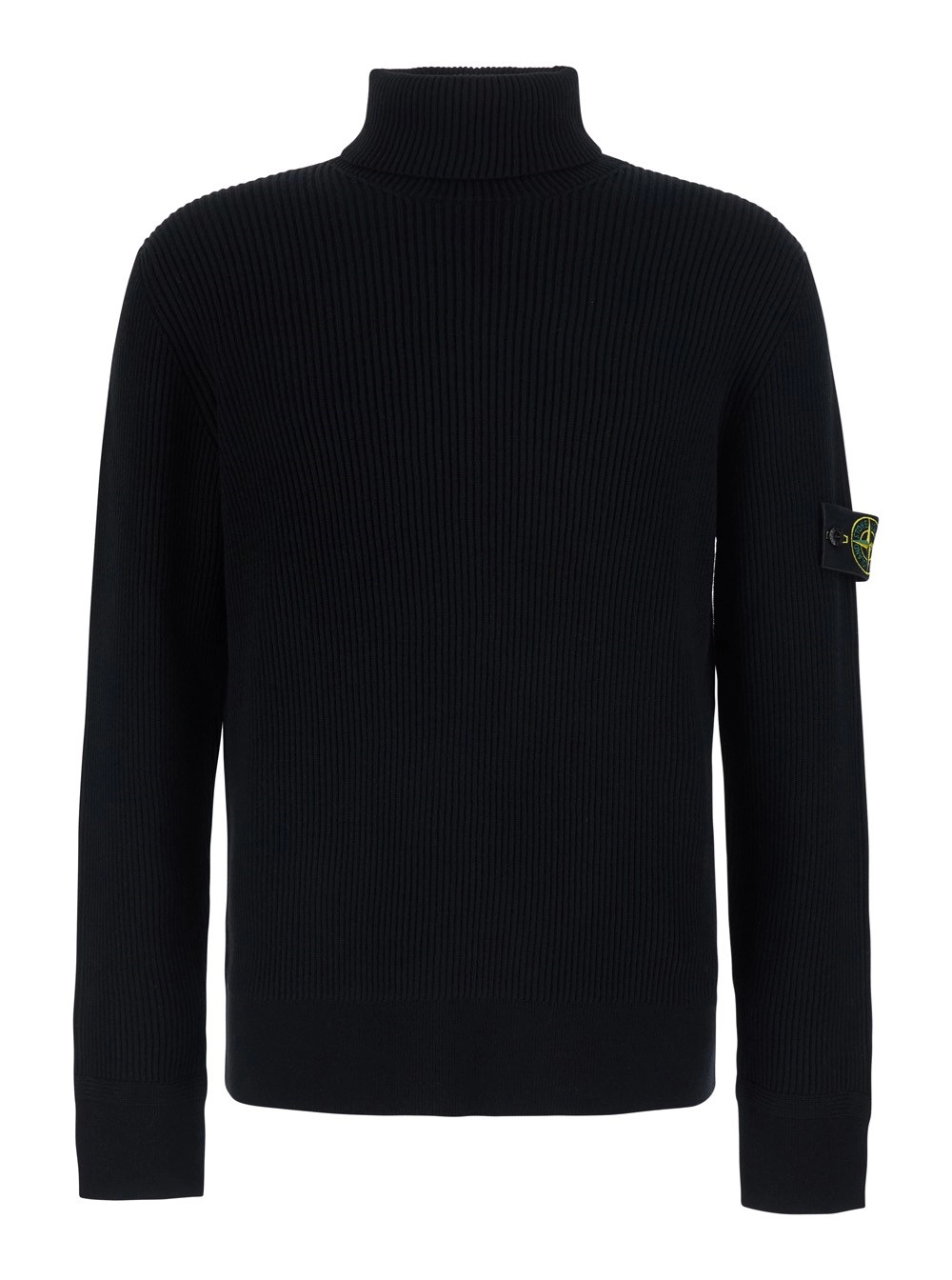 Stone Island Maglione con collo alto e patch logo sulla mancia in lana Nero Uomo