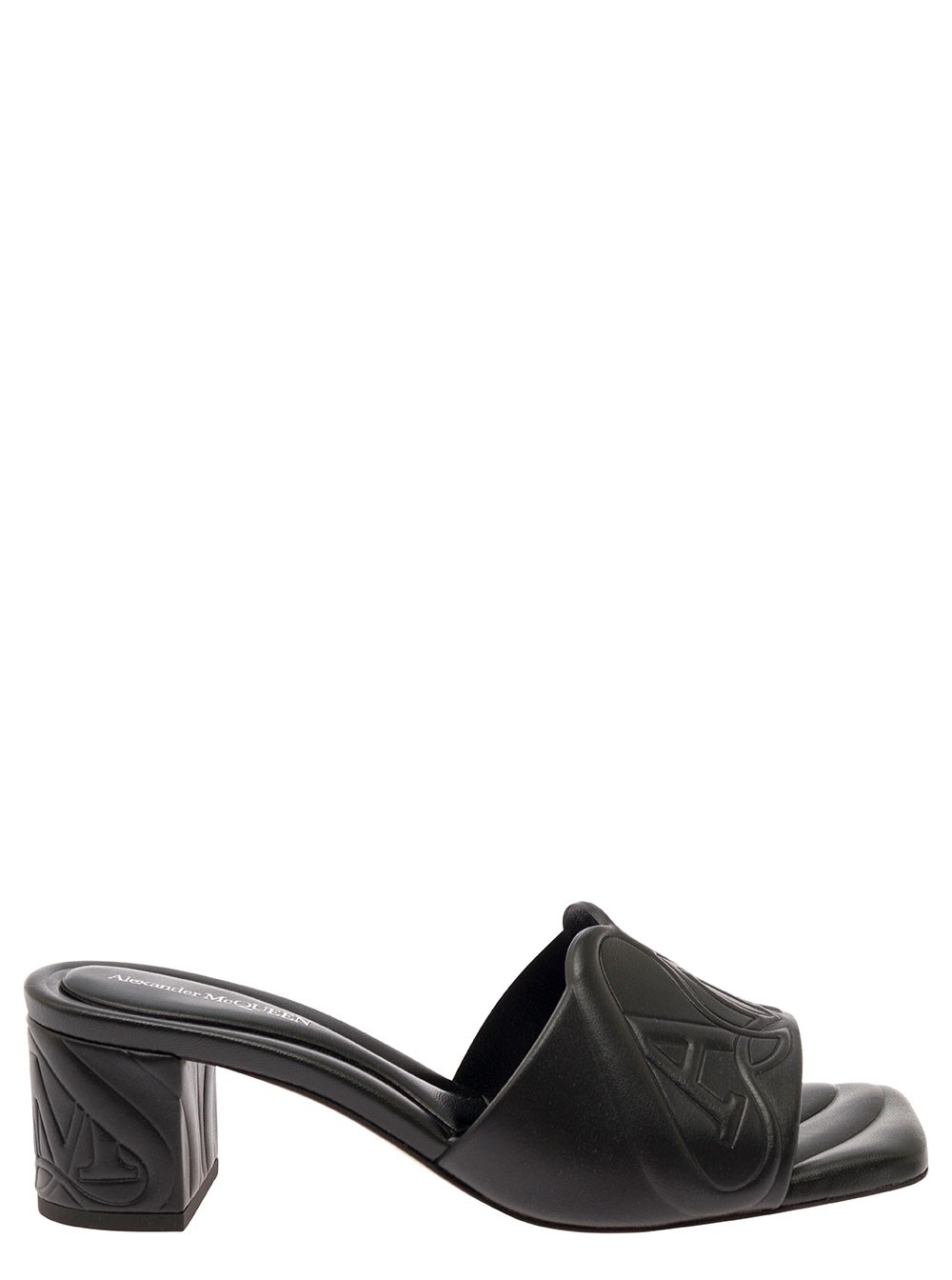 Alexander McQueen Sandali Slip-On con Monogramma Impresso in Pelle Imbottita Nera Donna