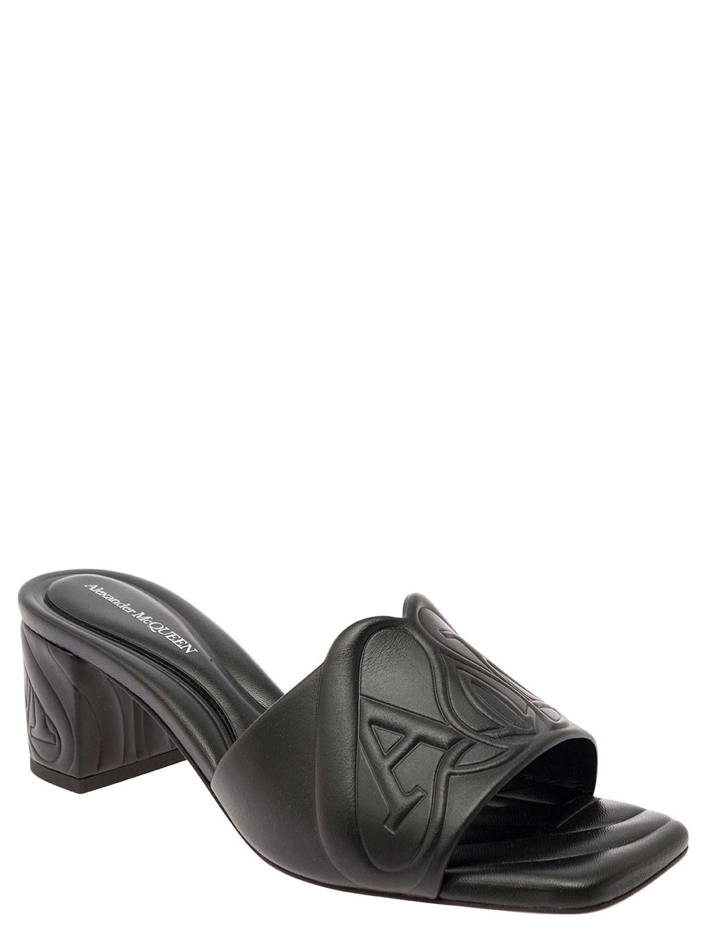 Alexander McQueen Sandali Slip-On con Monogramma Impresso in Pelle Imbottita Nera Donna, view 2