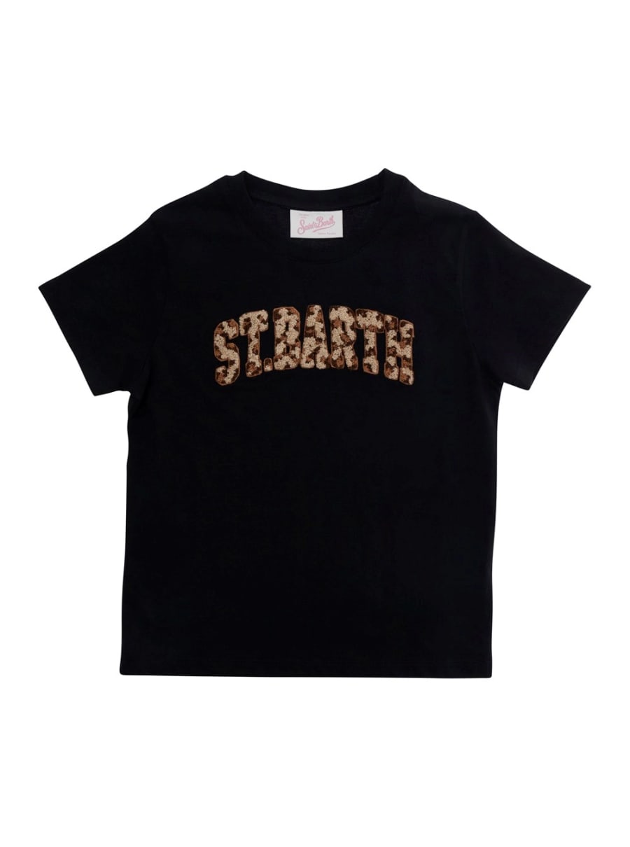 Mc2 saint barth kids T-shirt 'Elly' con ricamo lettering con motivo animalier in cotone marrone bambina