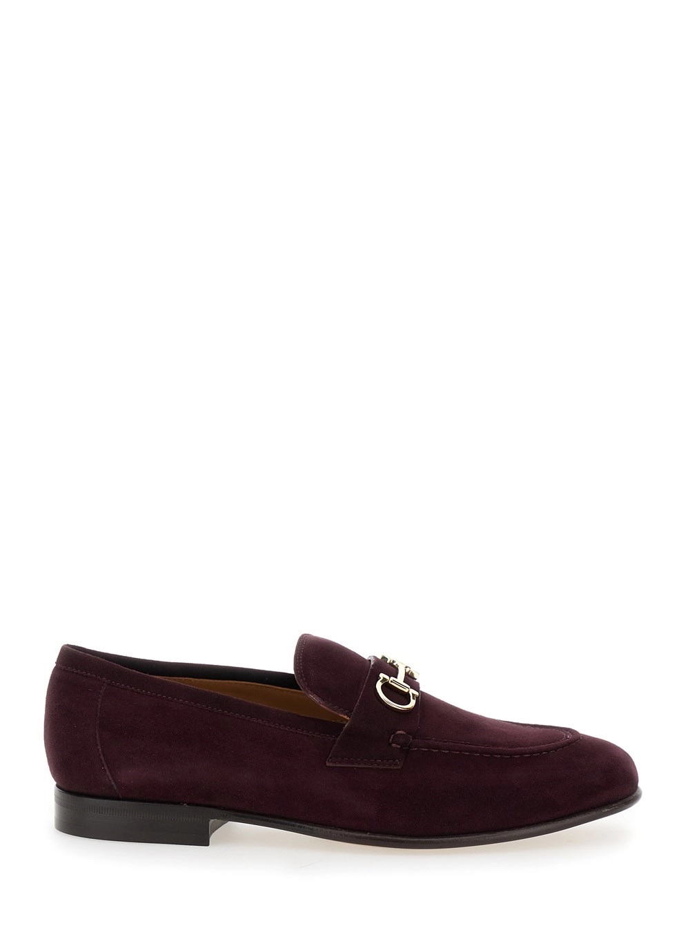 Ferragamo Mocassini con Placca Gancini sul Fronte e Tacco Basso in Pelle Scamosciata Bordeaux Donna