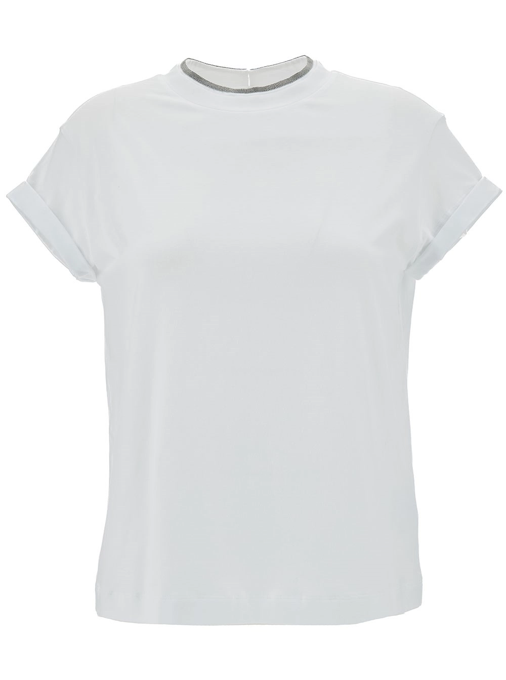 Brunello Cucinelli T-Shirt con Dettaglio Monile in Cotone Bianco Donna