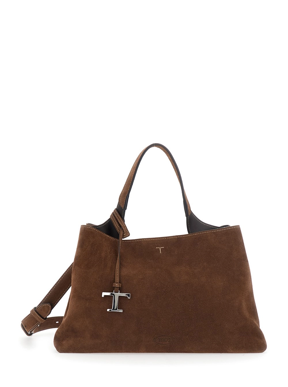 Tod's Borsa a Mano con Tracolla Regolabile e Removibile e Placca T sul Fronte in Pelle Scamosciata Marrone Donna