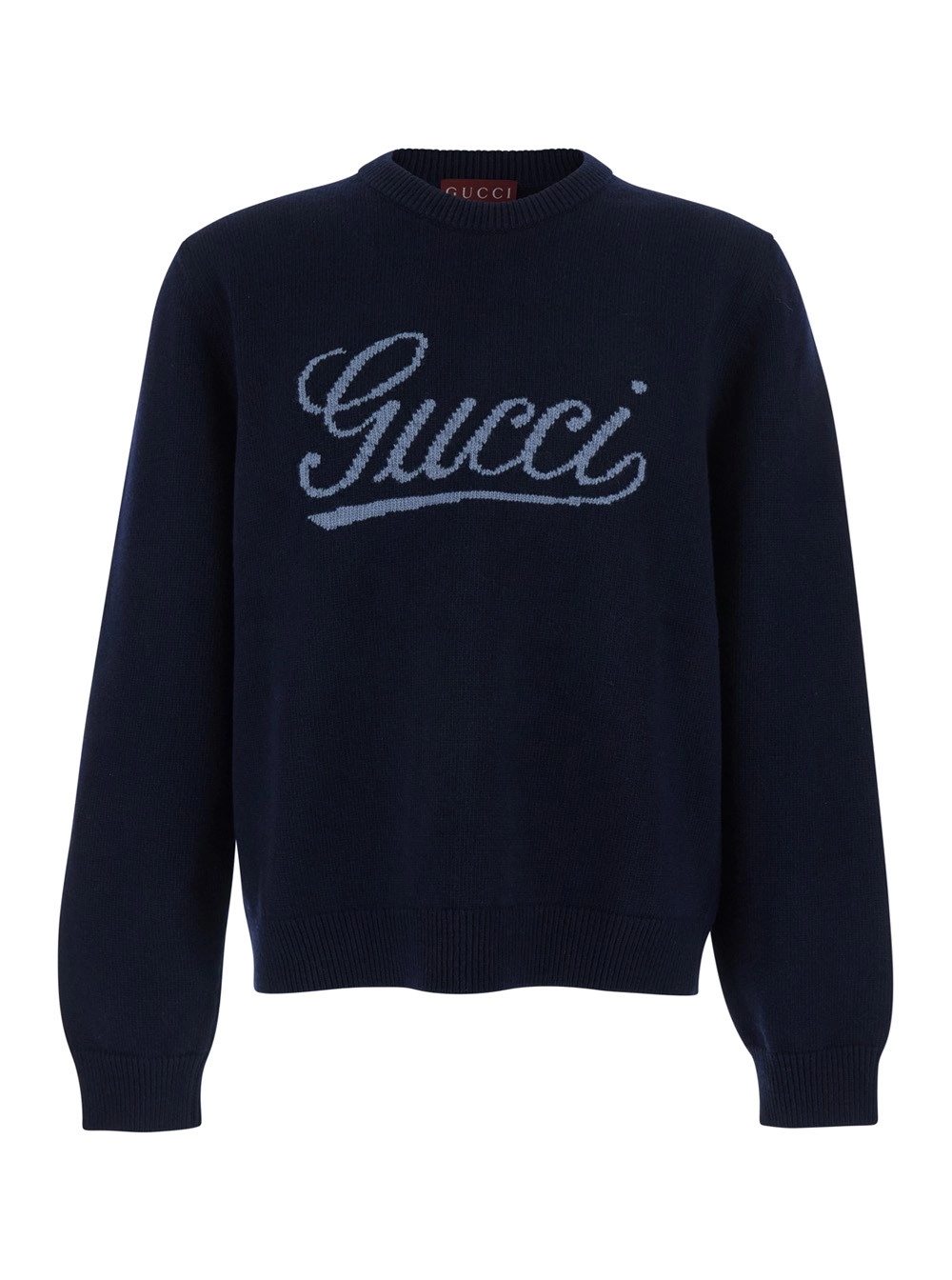 Gucci Maglione Girocollo con Ricamo Logo sul Fronte in Lana Blu Uomo