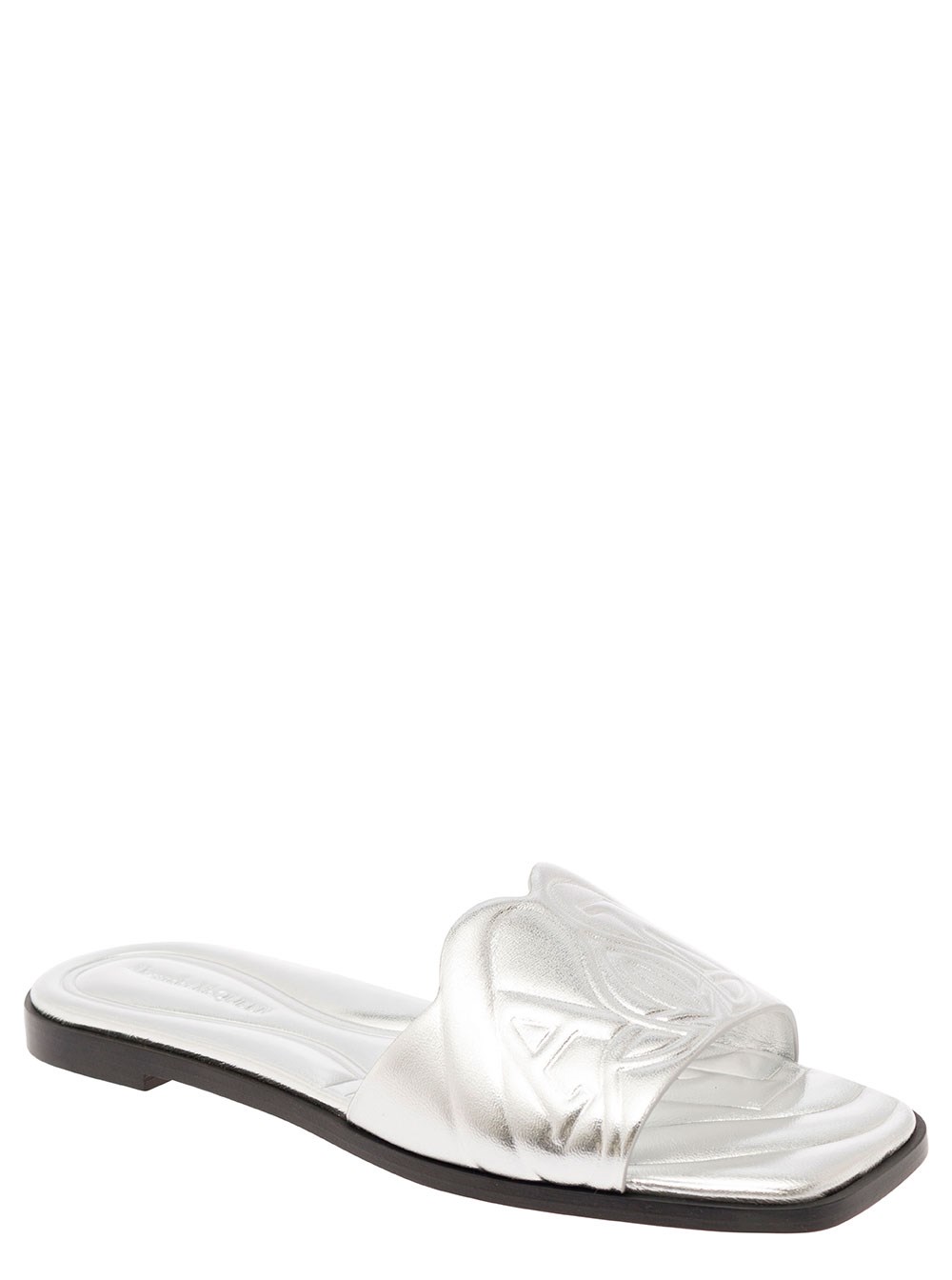 Alexander McQueen Sandalo Flat con Motivo Impresso in Pelle Metallizzata Argento Donna, view 2