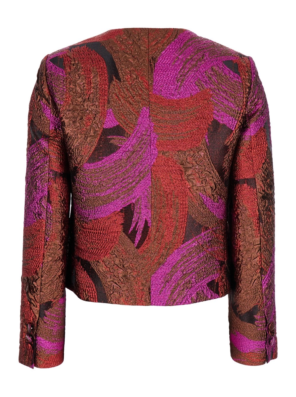 Leplain Giacca Senza Colletto con Motivo Broccato All-Over in Tessuto Tecnico Fucsia Donna, view 2