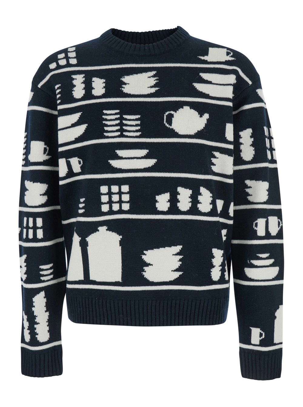 JW Anderson Maglione Girocollo con Motivo con Stoviglie All-Over in Lana Bianco e Nero Uomo