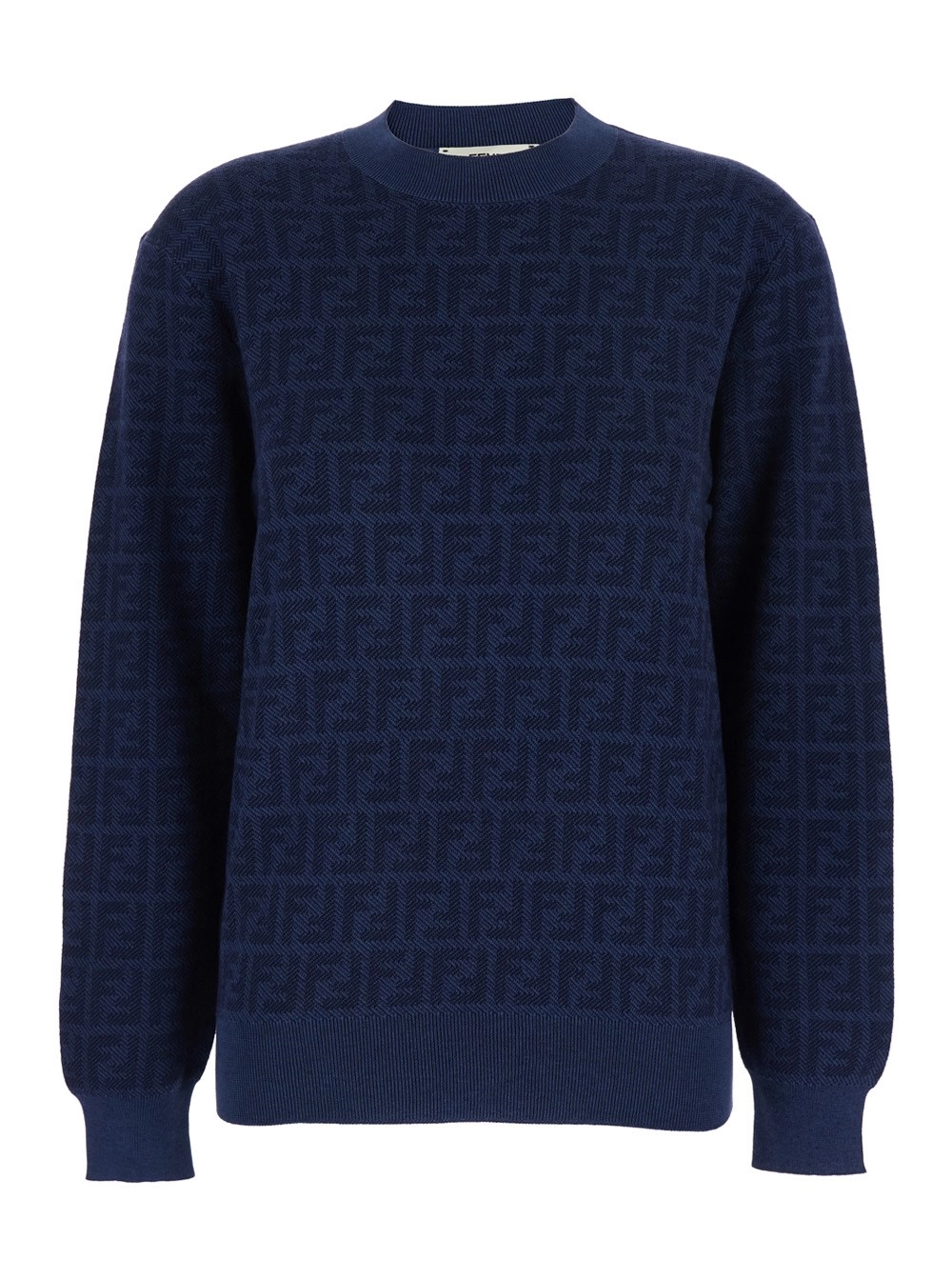 Fendi Maglione Girocollo con Motivo FF All-Over in Lana e Seta Blu Donna