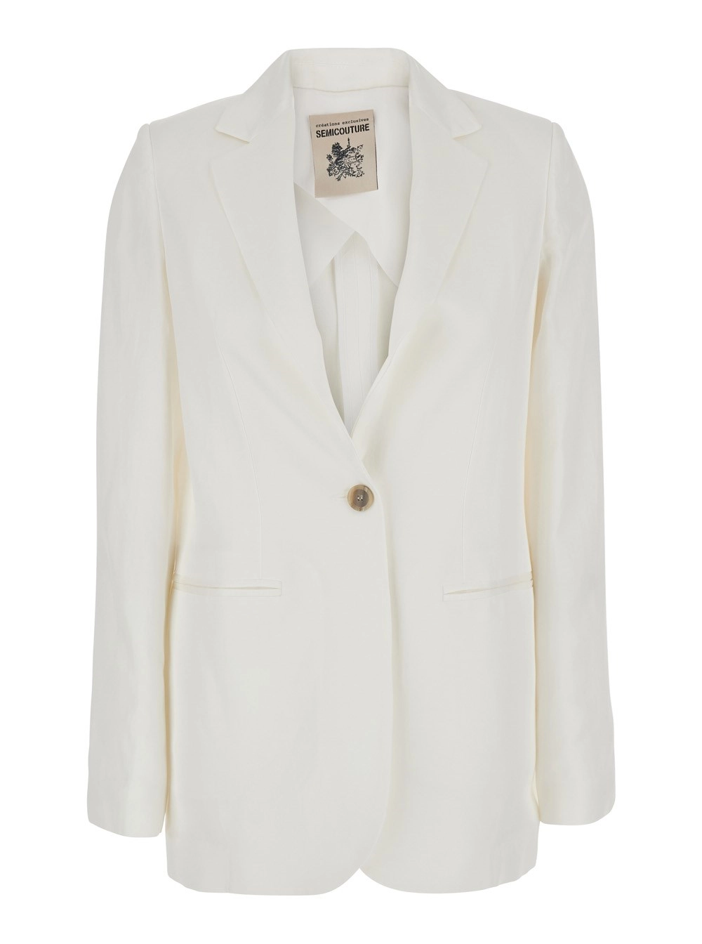 Semicouture Giacca monopetto con revers classici in misto lino bianca donna