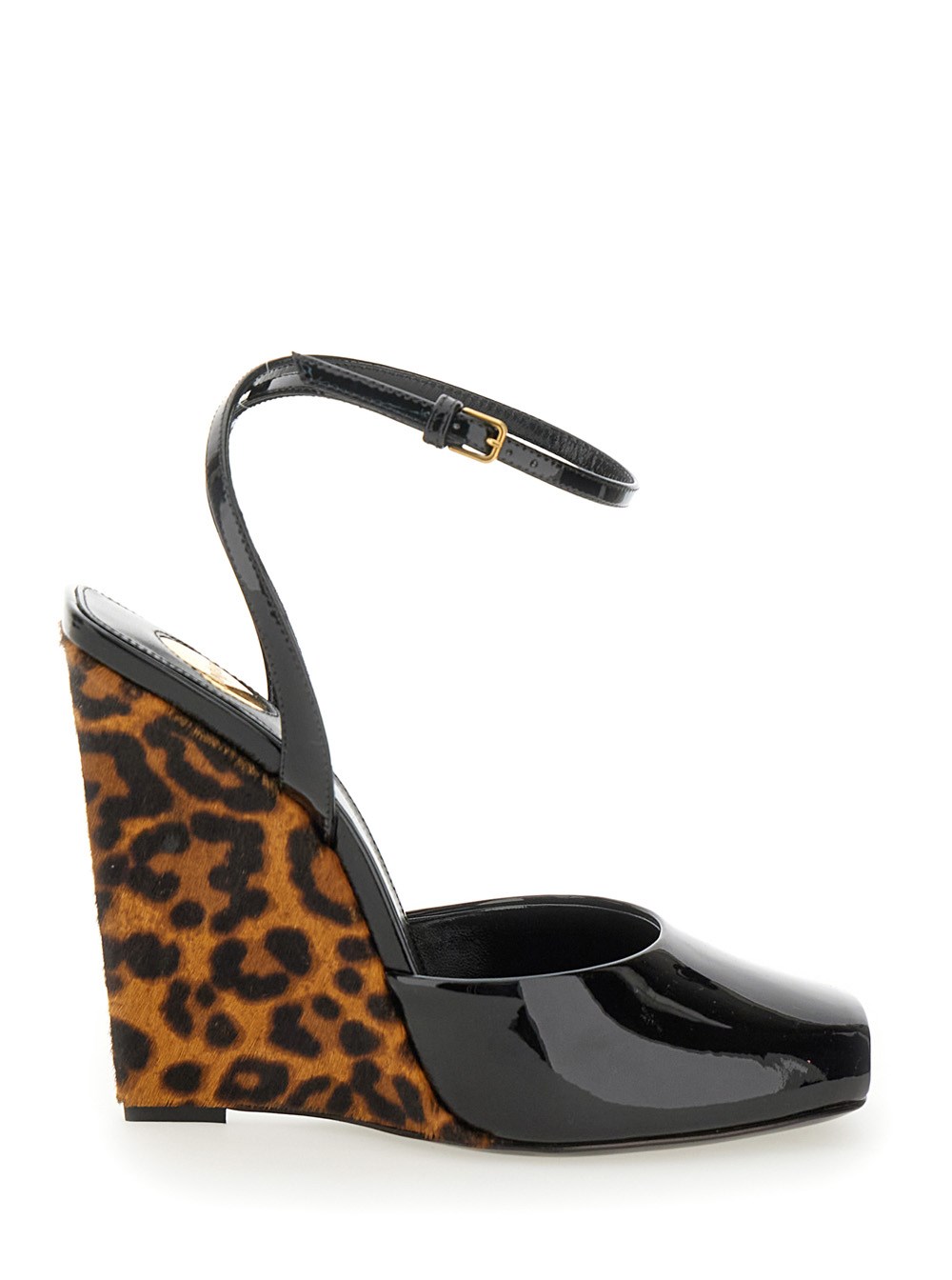 Saint Laurent Zeppe 'Scandale' con Stampa Animalier in Pelle Lucida Nere Donna