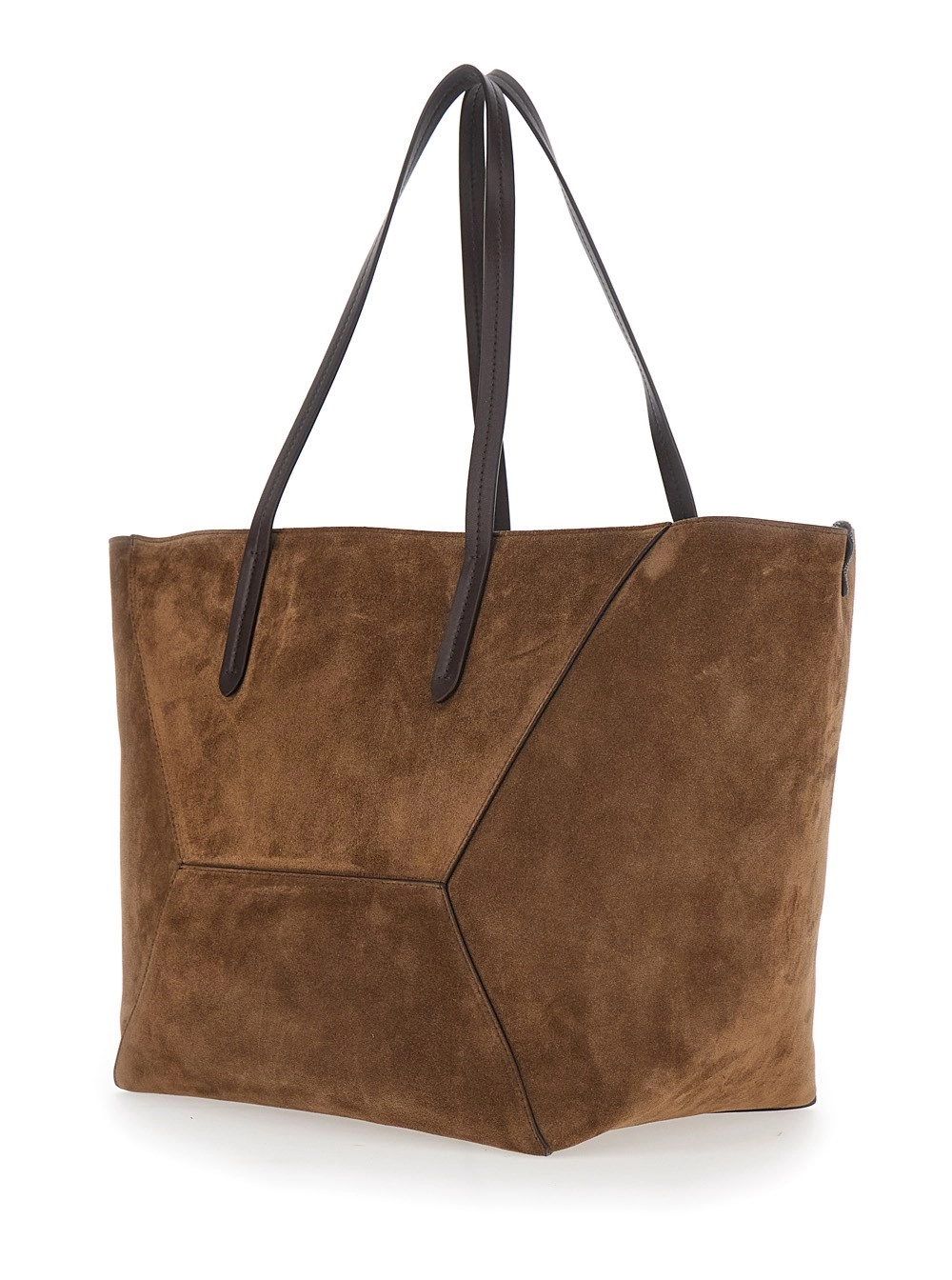 Brunello Cucinelli Borsa Shopping 'Duo' con Design a Inserti e Due Manici Superiori in Pelle Scamosciata Marrone Donna, view 2