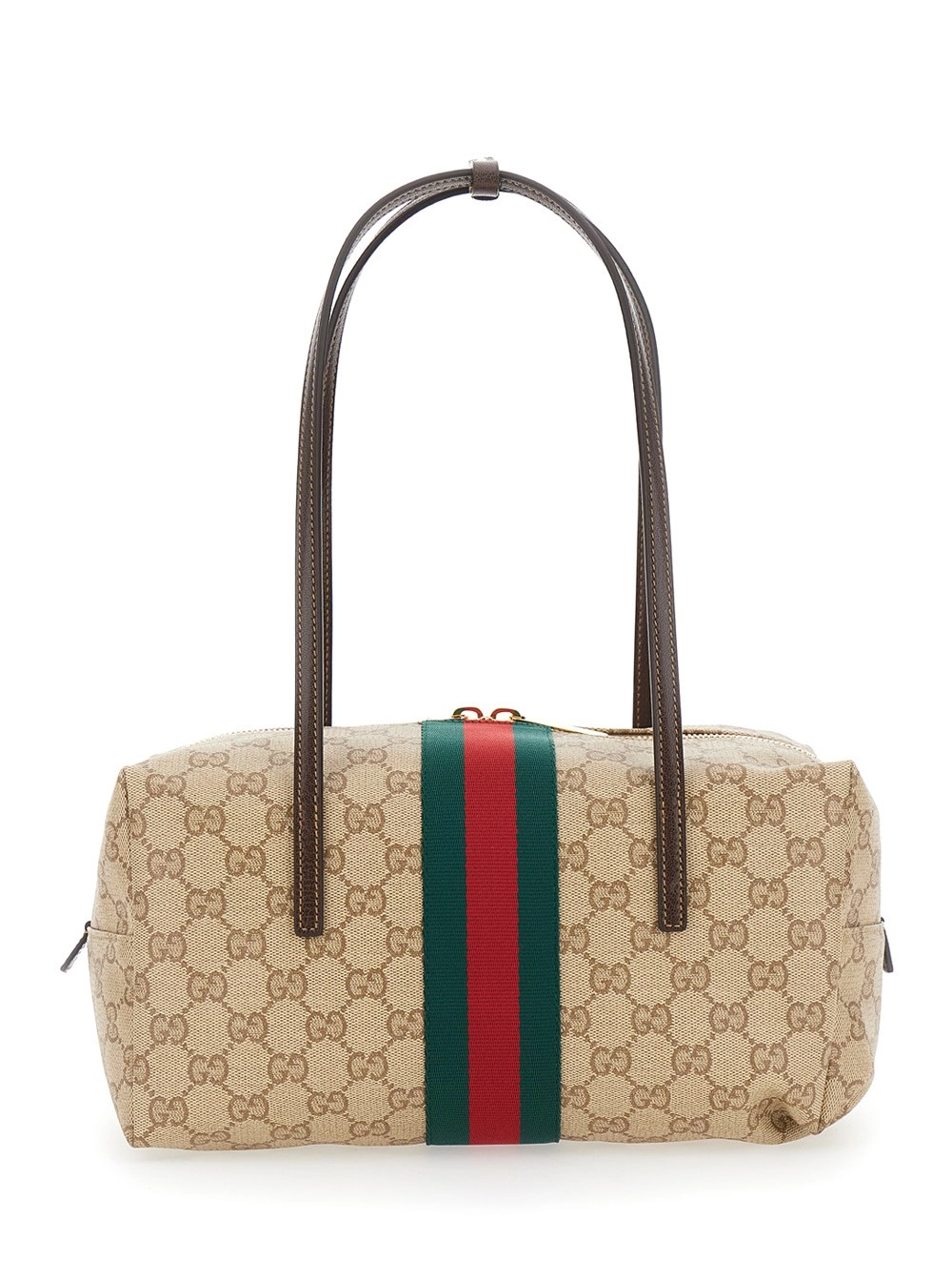 Gucci Borsa a Spalla 'Boston' con Due Manici Superiori e Nastro Web in Tela GG Beige Donna