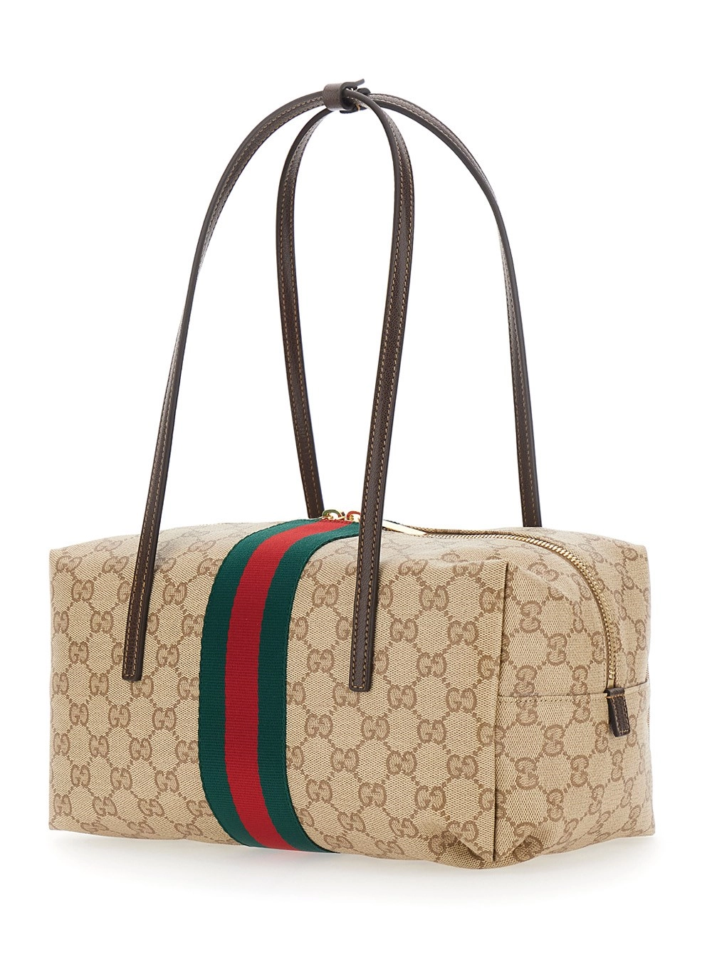 Gucci Borsa a Spalla 'Boston' con Due Manici Superiori e Nastro Web in Tela GG Beige Donna, view 2