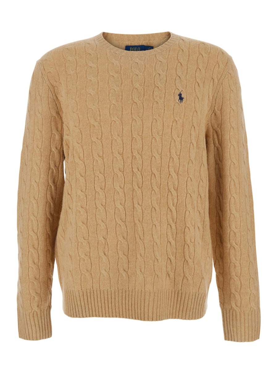 Polo Ralph Lauren Maglione Girocollo con Lavorazione a Treccia e Ricamo Cavallino sul Fronte in Lana e Cashmere Beige Uomo