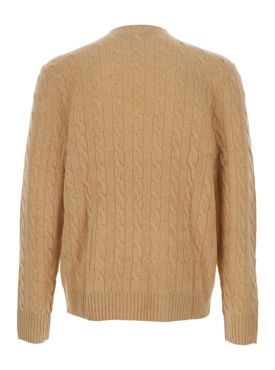 Polo Ralph Lauren Maglione Girocollo con Lavorazione a Treccia e Ricamo Cavallino sul Fronte in Lana e Cashmere Beige Uomo, view 2