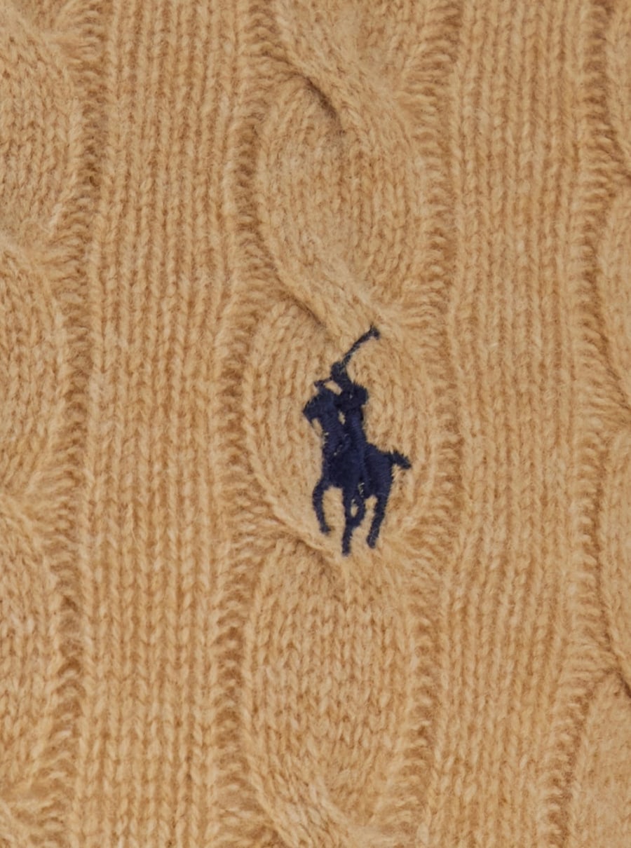 Polo Ralph Lauren Maglione Girocollo con Lavorazione a Treccia e Ricamo Cavallino sul Fronte in Lana e Cashmere Beige Uomo, view 3
