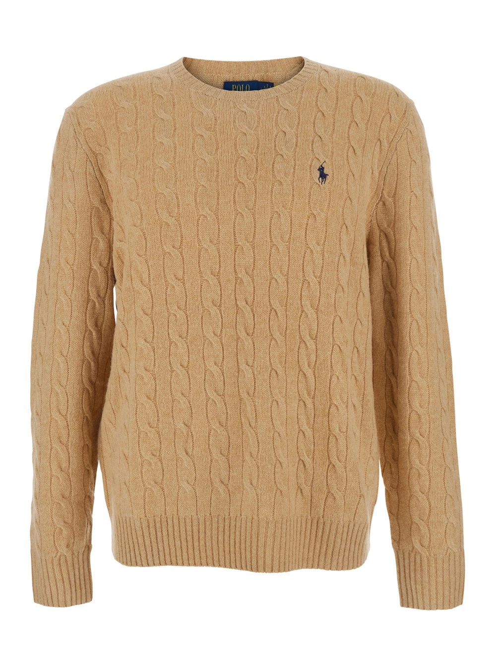 Polo Ralph Lauren Maglione Girocollo con Lavorazione a Treccia e Ricamo Cavallino sul Fronte in Lana e Cashmere Beige Uomo