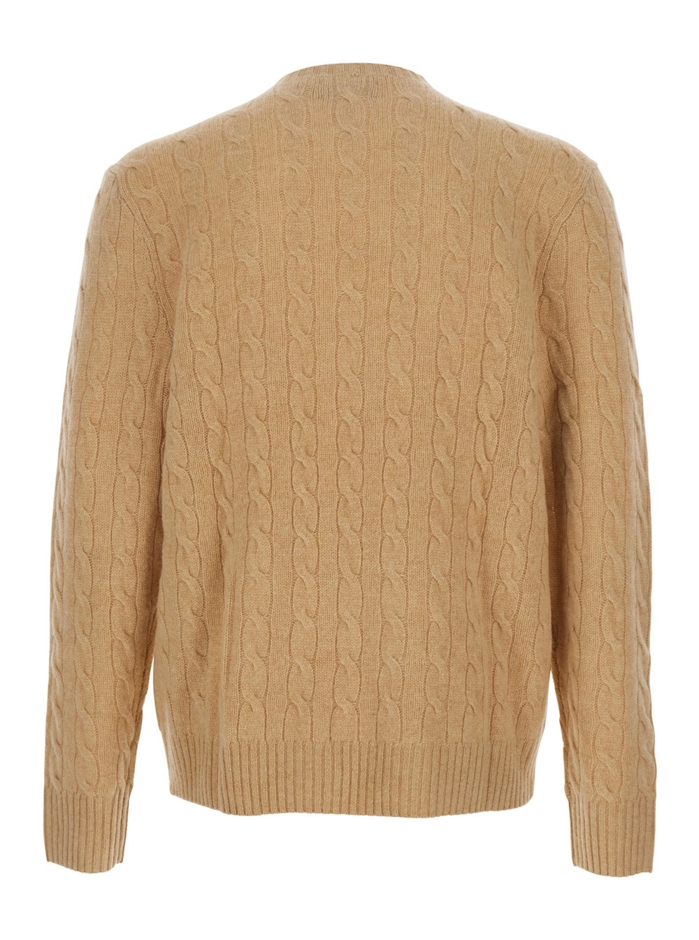 Polo Ralph Lauren Maglione Girocollo con Lavorazione a Treccia e Ricamo Cavallino sul Fronte in Lana e Cashmere Beige Uomo, view 2