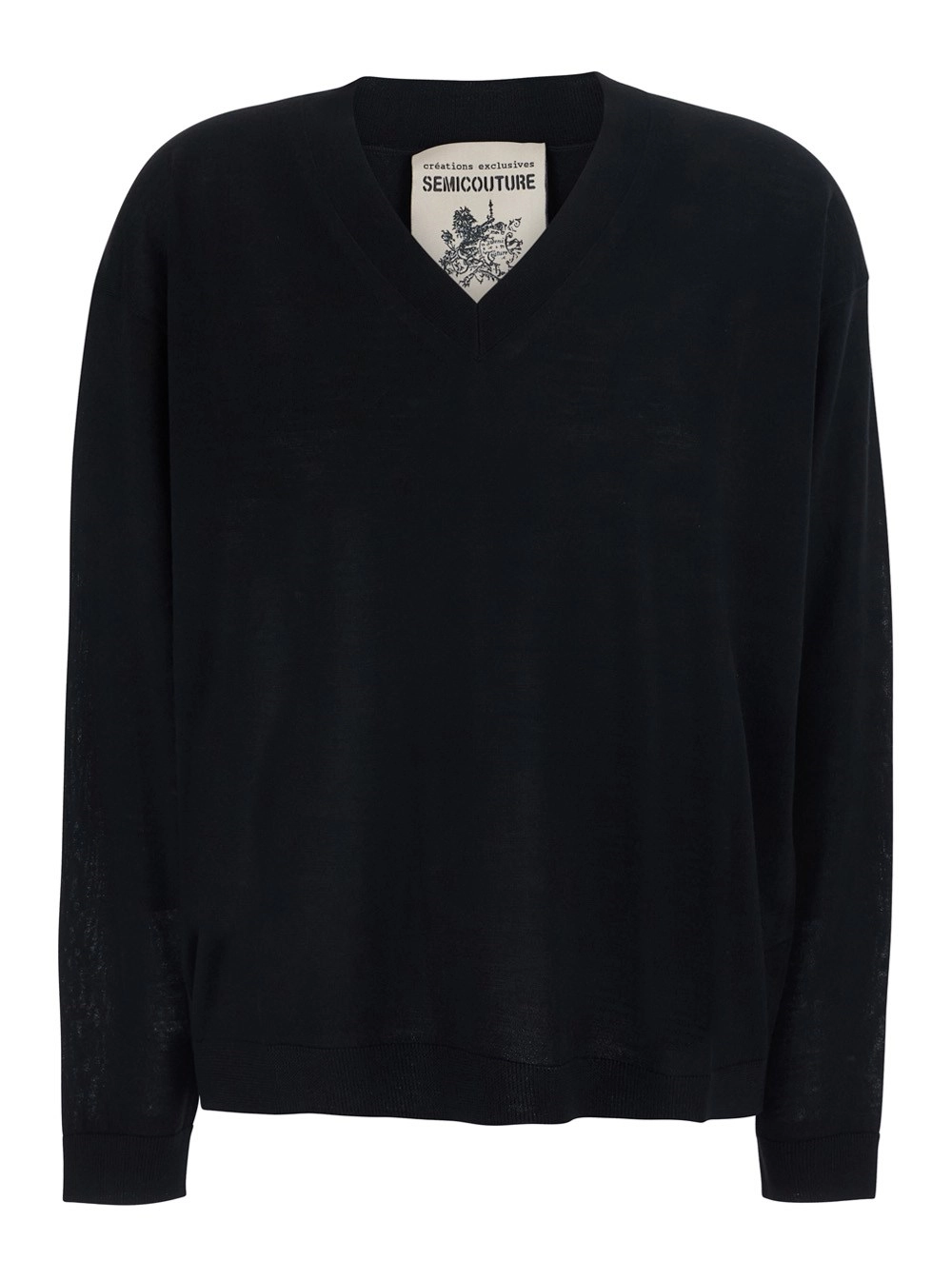 Semicouture Maglia JADE V NECK THIN WOOL PULL con collo a V e maniche lunghe in Virgin Wool color nero donna