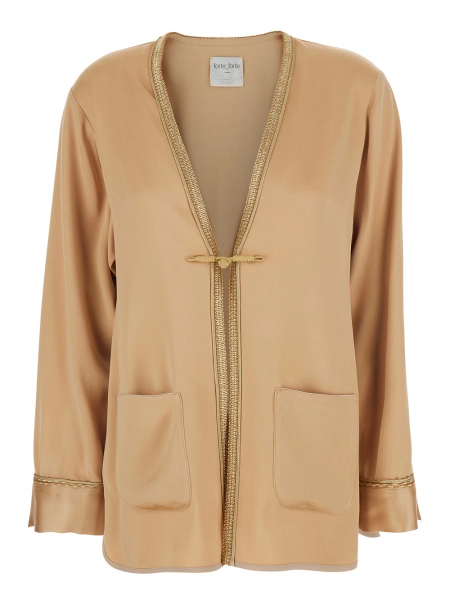 Forte_Forte Giacca con Rifiniture a Contrasto e Chiusura ad Alamari sul Fronte in Misto Viscosa Beige Donna