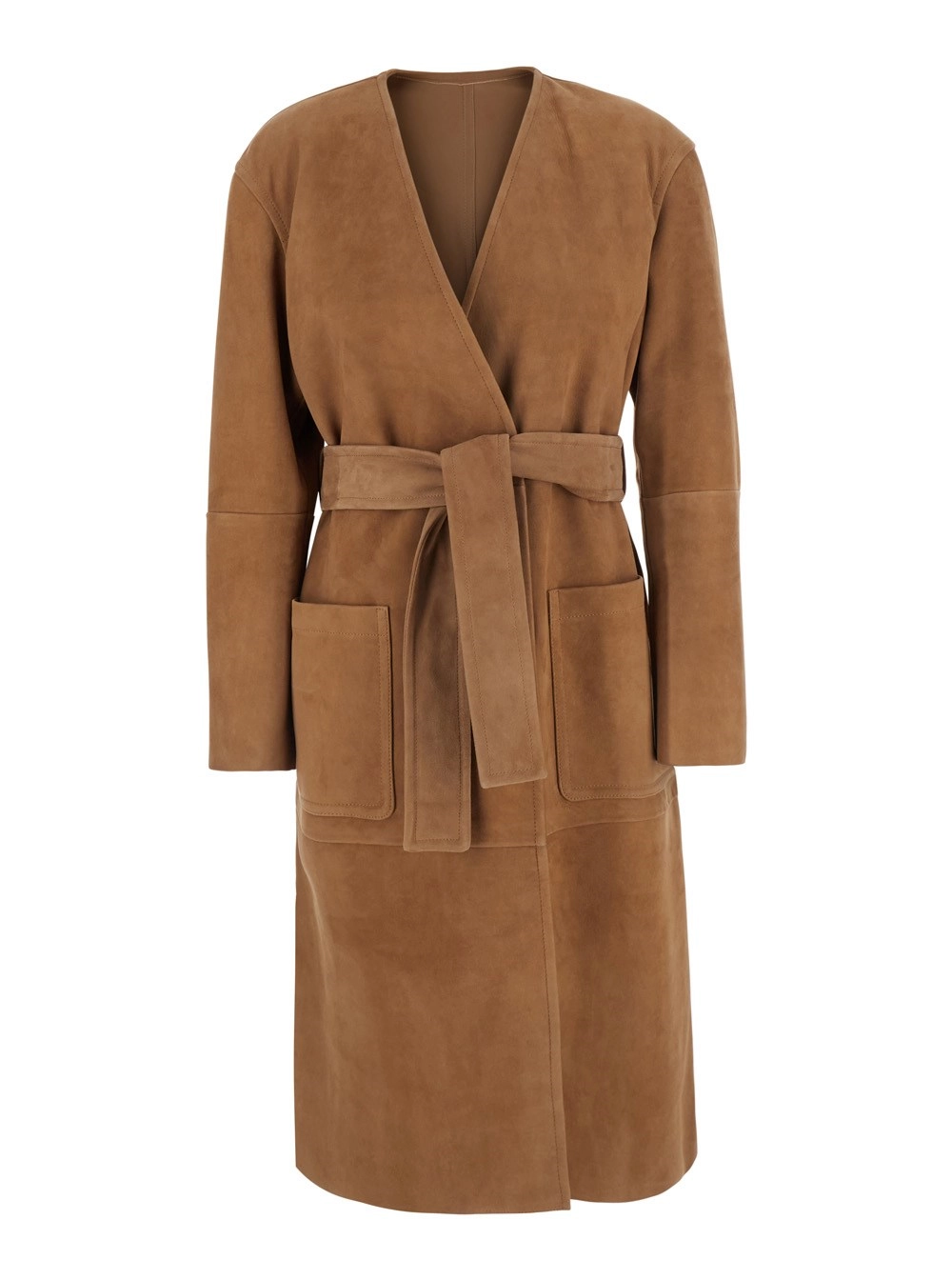 Max Mara Studio Cappotto 'Portici' con Chiusura con Cintura sul Fronte e Due Tasche Applicate sul Fronte in Pelle Scamosciata Beige Donna