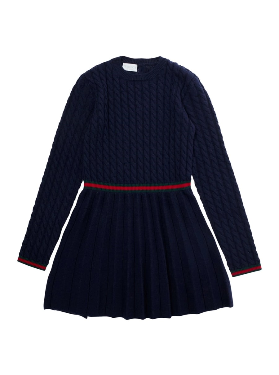 Gucci kids Abito con Scollo Rotondo e Dettaglio Web in Lana Blu Bambina