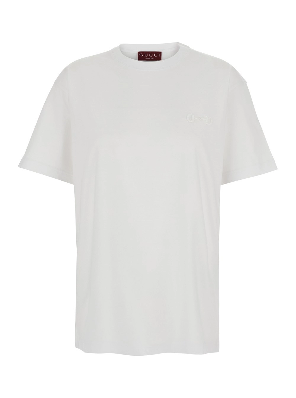 Gucci T-Shirt Girocollo con Ricamo Morsetto Tono su Tono sul Fronte in Cotone Bianca Donna
