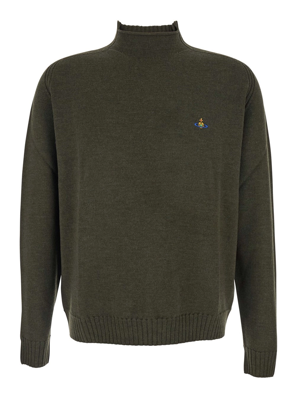 Vivienne Westwood Maglia Girocollo con Logo Orb Ricamato sul Fronte in Misto Lana Verde Uomo