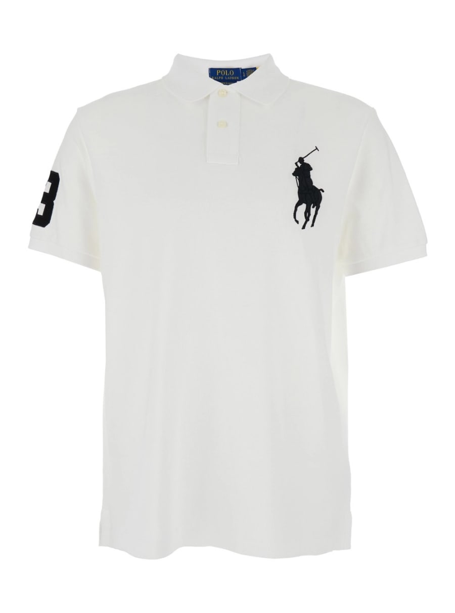 Polo Ralph Lauren Polo "Custom Slim Fit" con Maxi Ricamo Cavallino sul Fronte e Dettaglio Numerico sulla Spalla in Cotone Bianca Uomo