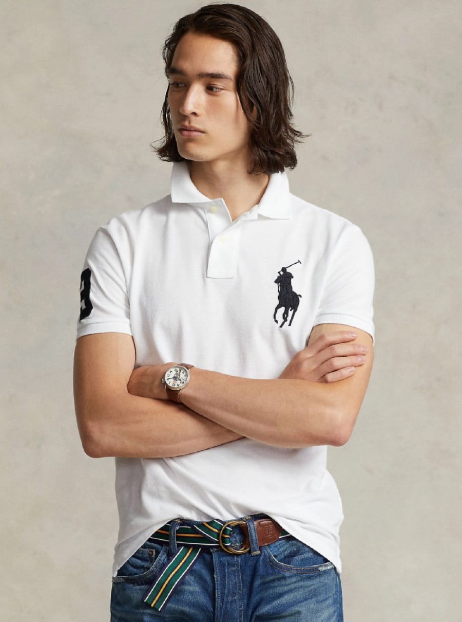 Polo Ralph Lauren Polo "Custom Slim Fit" con Maxi Ricamo Cavallino sul Fronte e Dettaglio Numerico sulla Spalla in Cotone Bianca Uomo, view 4